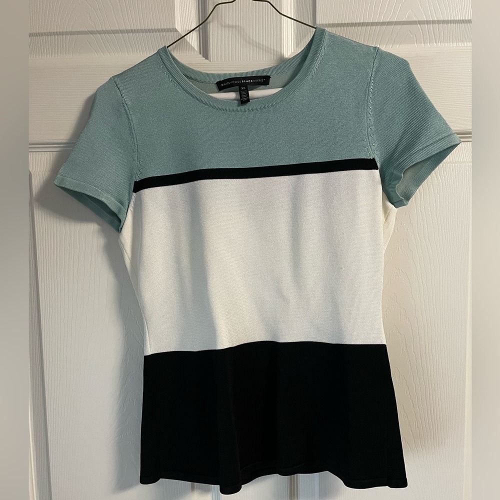 White House Black Market Color Block Short Sleeve Knit Sweater Top XS Green